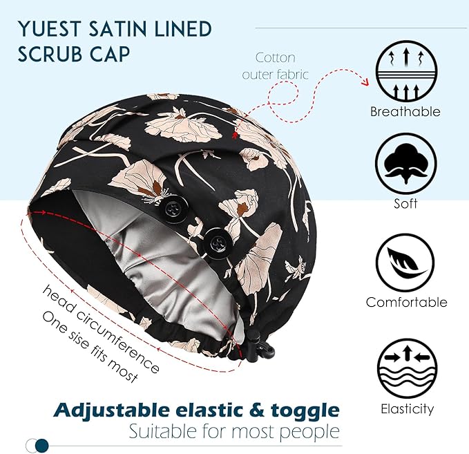 2 Pack Satin Lined Bouffant Scrub Caps with Buttons, Adjustable Scrub Caps for Women Men