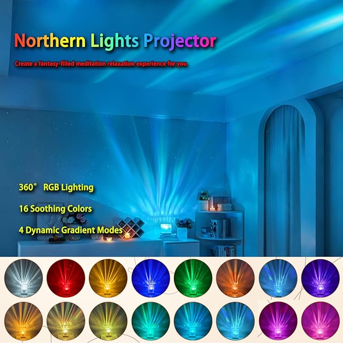 Northern Lights Projector, 16 Colors Rechargeable Aurora Light Projector & Mood Lighting Galaxy Lamp, App Remote Night Light for Bedroom, Gift for Teenage Girls Room Decor(Plug-in)