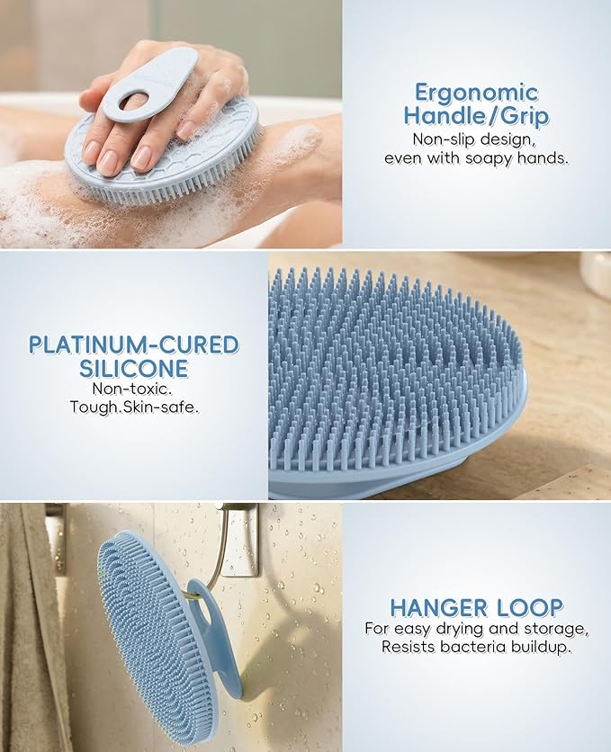 4 Pack Soft Silicone Shower Brush Body Wash Bath Exfoliating Skin Massage Scrubber, Dry Skin Brushing Glove Loofah, Fit for Sensitive and All Kinds of Skin(2Pack Black+Mint+Blue)