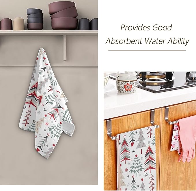 Red Green Grey Christmas Xmas Tree Hand Towels for Bathroom Set of 2,Winter Snowflake Stars Decorative Bathroom Towels for Bath,Face,Hair,Soft Absorbent Dish Towels for Kitchen Decor 28"x14"