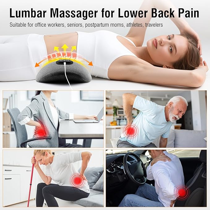 USUIE 3-in-1 Rechargeable Electric Lumbar Support Pillow with Heat & Massage & Traction, Ergonomic Lower Back Massager for Pain Relief Deep Tissue, Ideal for Car/Bed/Sleeping/Office Chair/Travel