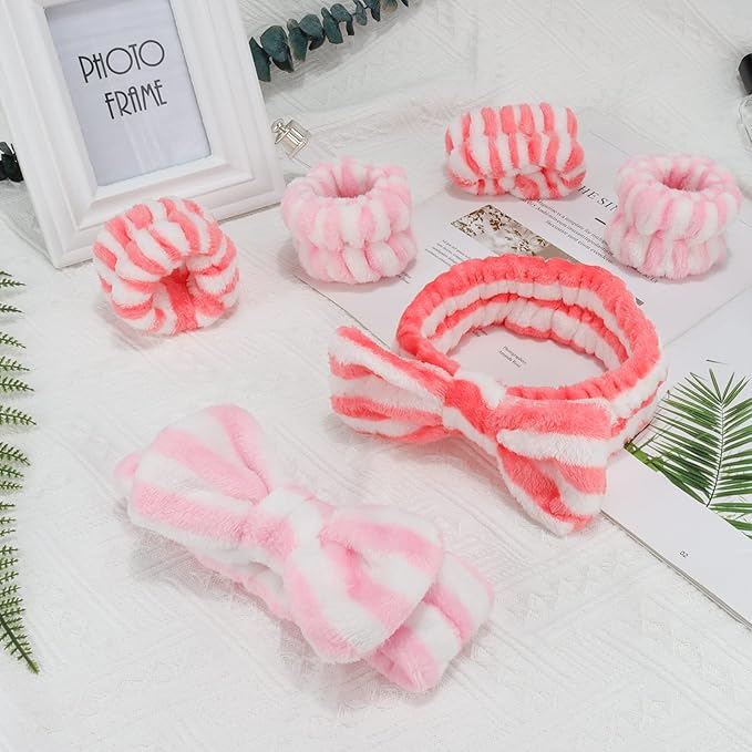 WHAVEL 6PCS Spa Headband and Wristbands Set, Face Wash Headband Wrist Bands for Washing Face Makeup Skincare Hair Band Skin Care Accessories Tools