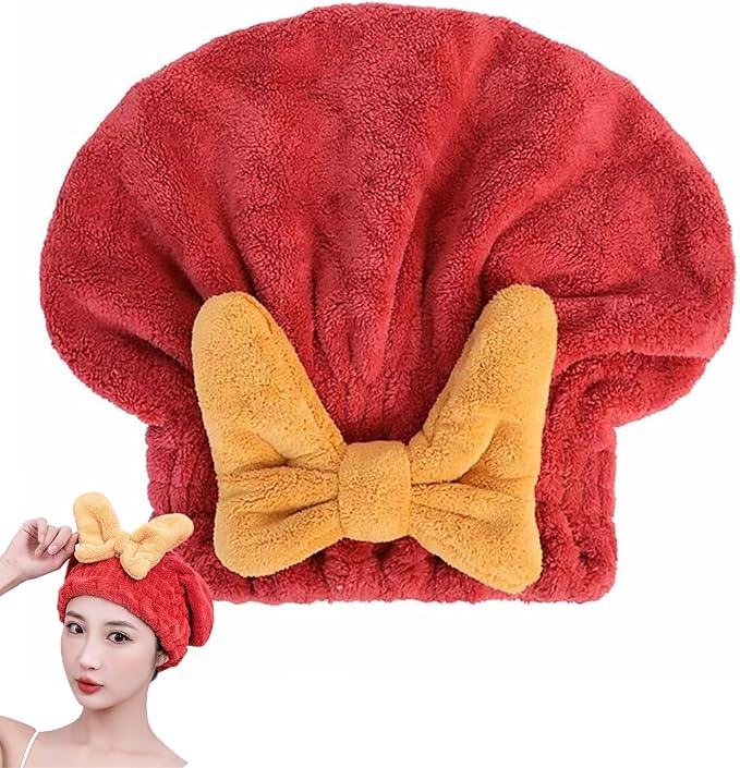 Microfiber Hair Drying Cap,Ultra Absorbent Hair Towel Wrap Turban for Girls Women Soft Quick Dry Hair Towels with Bow Tie Shower Cap for Kids (Red)