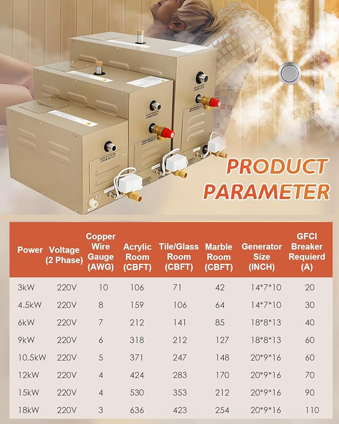 Steam Shower Generator Kit 10.5KW for Bath Sauna SPA, Self-draining System, Aromatherapy Steam Head, LED Touchscreen Controller, 12-Hour Timer 77-131℉ For Home Commercial Use