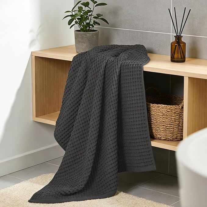 Jacquotha Waffle Bath Towels 2-Piece (Dark Grey) - Cotton, Soft, Quick Dry, 31” x 62” Large Bath Towel for Bathroom, Shower, Spa