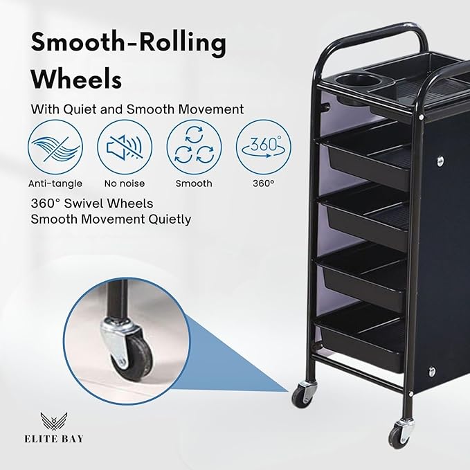 ELITE BAY-Hairdressing Trolley- Metal Salon Rolling Cart Organizer.Durable Beauty Storage Unit with Wheels.Multi-Tier Tray System for Hair Tools, Makeup & Spa Essentials.Black & Gold Finish