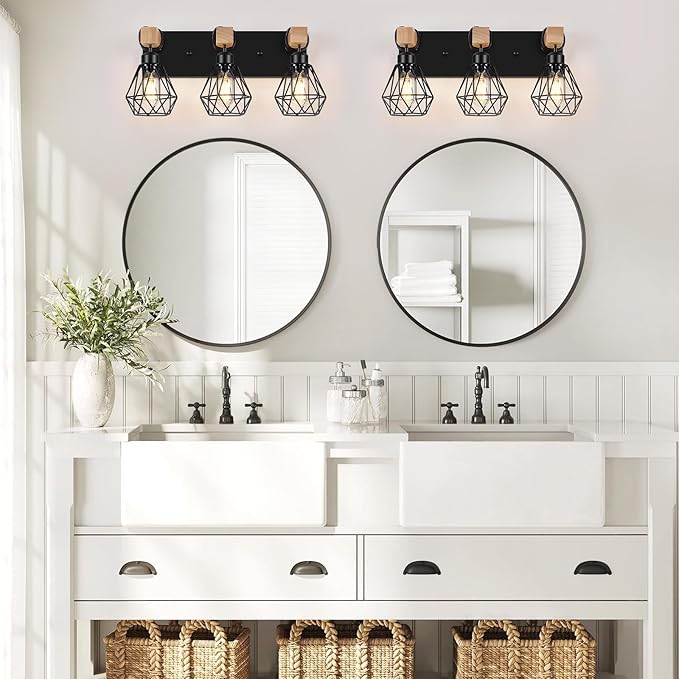 FadimiKoo 3-Light Farmhouse Bathroom Vanity Light Fixtures, Wood Bathroom Lighting Over Mirror, Black Vanity Lights with Metal Lampshade, Vintage Wall Light Fixtures for Bedroom, Living Room, Hallway