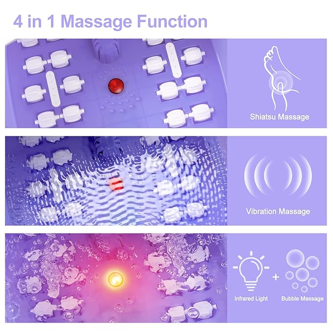 Foot Spa Bath Massager with Heat Bubbles and Vibration Massage and Jets, 16 OZ Calming Lavender Foot Soak Epsom Salt, Miwhale Foot Soaker With Red Light, 22 Massage Rollers, Adjustable Temp -Purple