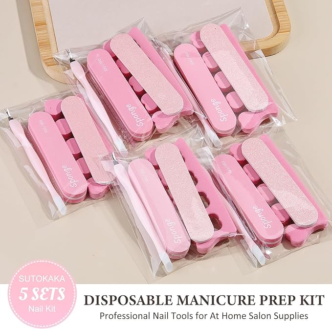 SUTOKAKA 5 Sets Manicure Prep Kit for Travel Home, Portable Basics 5 in 1 Nail Salon Pedicure Tools, Sponge Toe Finger Separators, Cuticle Trimmer Pusher, Nail File & Plastic Stick