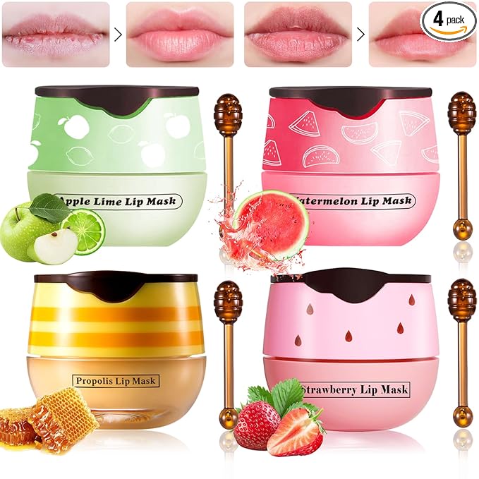 4 PCS Honey Lip Balm Pot, Honey & Strawberry & Watermelon & Apple Lime Lip Mask, Reduces Lines, Hydrate & Moisturizing Skin Care, Prevention Dry Cracked Lips Repair Treatment, 5.5g*4