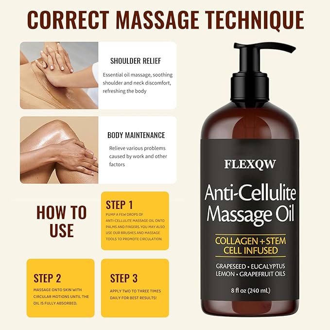 Anti Cellulite Massage Oil, Lymphatic Drainage Body Oil, Collagen Oil for Skin Tightening, Cellulite Remover for Legs, Natural Anticellulite Massage Oil for Massage Therapy