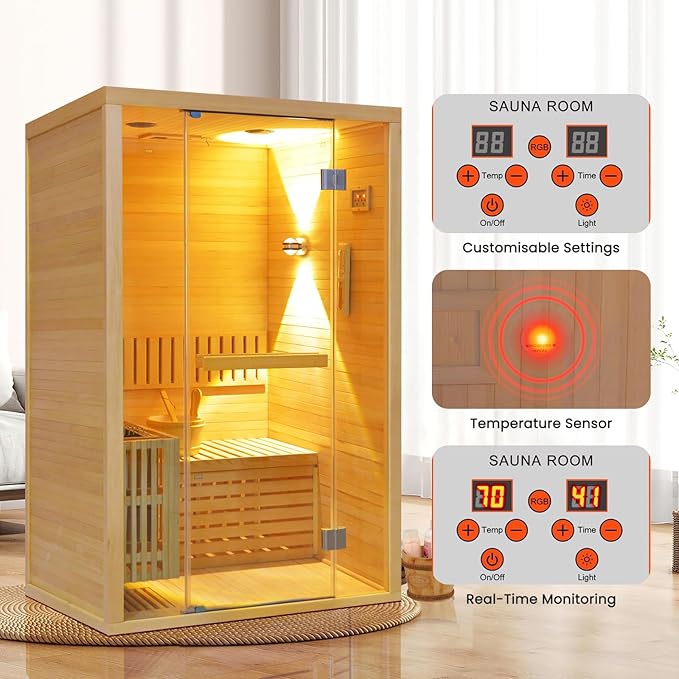 OUTEXER Traditional Steam Sauna Home Spa Room for 2-3 Person Steam Wet Indoor Saunas with 240V 3KW Heater,Sauna Stone, Water Bucket, Ladle, LED Lights