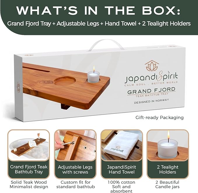 Teak Bathtub Tray for Tub 35” | Bath Tub Tray Wood for Large & Freestanding Tubs, Bathtub Trays for Tub, Bath Tray for Tub, Bath Table Tray | Grand Fjord by JapandiSpirit