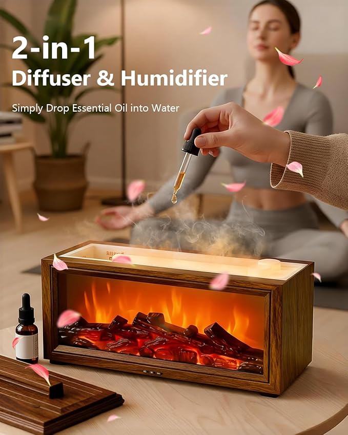 Essential Oil Diffuser, 7-Color Fireplace Fire Flame Aromatherapy Humidifier, 280ml Ultrasonic Aroma Diffuser Cozy Gift with Time Sets and Remote Control for Bedroom Home Yoga Office