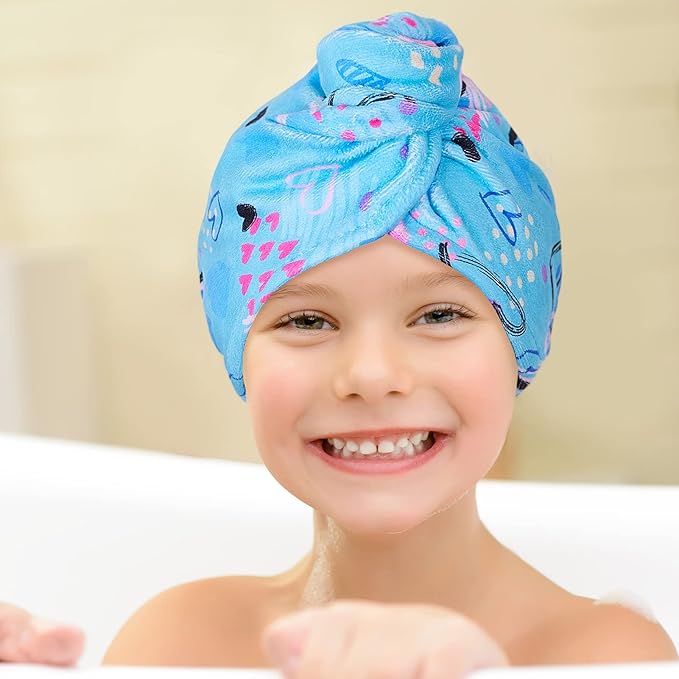Basumee Microfiber Hair Towel Wrap for Kids 2 Pack Rapid Drying Hair Towel with Button Hair Turbans for Wet Hair Wraps Head Towel Wrap for Women and Girls, Blue and Purple Love