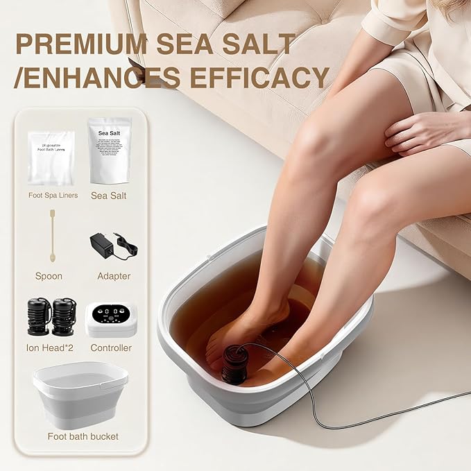 Ionic Foot Bath Detox Machine,Foot Detox Foot Bath Soak Tub with 2 Arrays,80 Disposable Foot Spa Liners, Sea Salt,Folding Foot Spa Bucket,Home Salon-Level Foot Soaking Tub