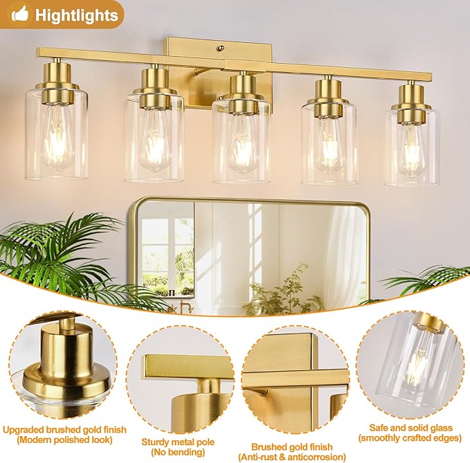 Indoi 5-Light Bathroom Vanity Light with Clear Glass Shades, Brushed Gold Bathroom Light Fixtures Over Mirror, Modern Vanity Light for Mirror Living Room Cabinet Bedroom Porch