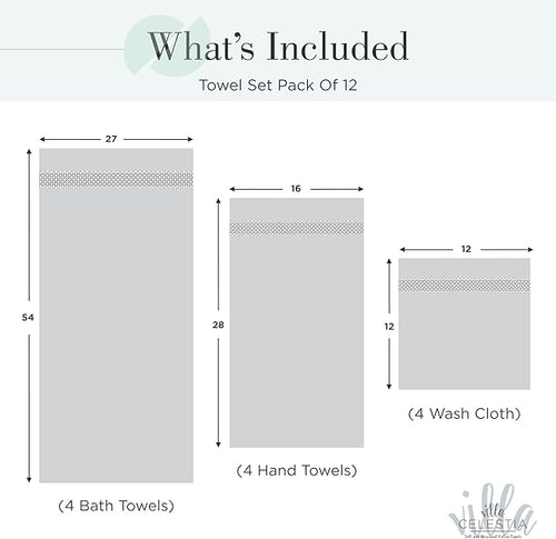 100% Cotton Bath Towel Set of 12-4 Bath Towels, 4 Hand Towels, 4 Wash Cloths, Sustainable, Soft, Highly Absorbent, Combed Cotton 12 Piece Set for Hotels, Spa, Bathroom, Dorm, Teal