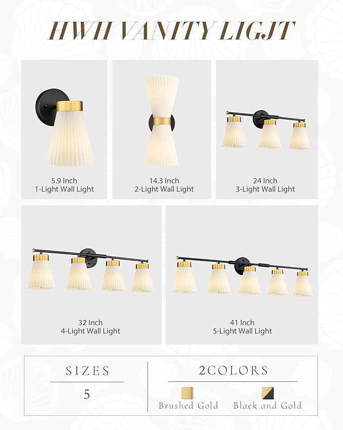 Set of 2 Wall Sconces for Bathroom, HWH 1-Light Bathroom Vanity Light with Frosted Milk White Striped Glass, Indoor Wall Mount Lighting Fixtures, Black and Gold Finish, 5HZG97B-2PK BK+BG