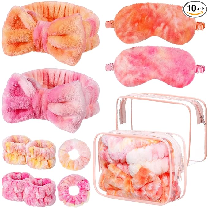 Hoteam 10 Pcs Spa Party Supplies Gift for Mother's Day Sleepover Party Favor Spa Headband Wristband Sleep Eye Mask Velvet Scrunchies for Skin Care Makeup Slumber Night Favor(Tie Dye Orange)