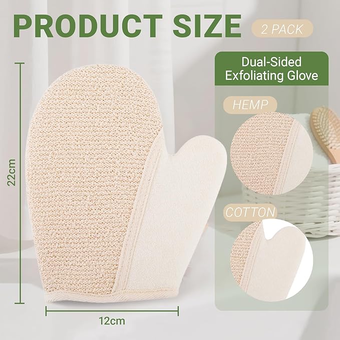 Exfoliating Glove Bath Mitts for Shower, Hemp Body Gloves for Shower Exfoliating, Body Exfoliator Glove Gentle on Skin, Deep Cleansing, 2 Pack of Shower Gloves Exfoliating for Women (White Mitt)