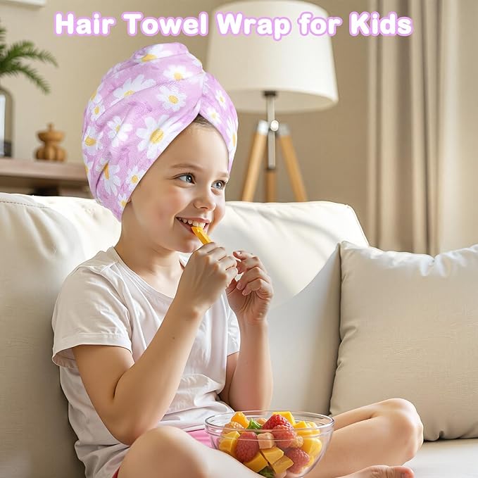 FIOBEE Microfiber Hair Towel Wrap for Kid Rapid Drying Towel Absorbent Hair Turbans for Wet Hair with Button Women Girls Long Curly Hair Pack of 2, Pink/Purple Flowers