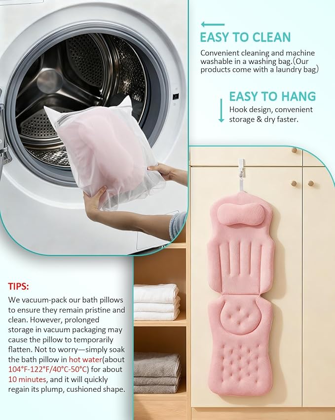 Full Body Bath Pillow for Bathtub, 5D Thick Tub Pillow for Bathtub with 192 Non-Slip Suction Cups, Laundry Bag & Hook, Bathtub Pillow for Head, Neck & Back Support (Pink, 51"*15")