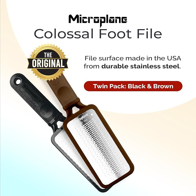 Microplane Colossal Foot File, Black and Brown - The Original Stainless-Steel Foot Scraper, Dead Skin/Callus Remover for Feet, Foot Scrubber, Pedicure Tools for Salon-Quality Foot Care (2 Piece Set)