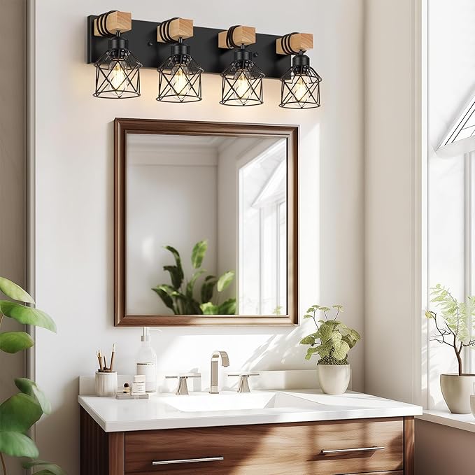 FadimiKoo 4-Light Rustic Style Wood Bathroom Vanity Light Fixtures, Black Bathroom Lighting with Cage Metal Shade, Farmhouse Wall Sconces for Hallway, Bedroom, Dressing Table