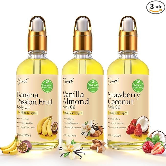 Pjordo 3 Pcs Body Oil with Banana Passion Fruit, Vanilla Almond & Strawberry Coconut, Body Oil After Shower for Moisturize & Nourish Skin, Body Moisturizers for Dry Skin, Cuticles & Hair, Non Greasy