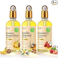 Pjordo 3 Pcs Body Oil with Banana Passion Fruit, Vanilla Almond & Strawberry Coconut, Body Oil After Shower for Moisturize & Nourish Skin, Body Moisturizers for Dry Skin, Cuticles & Hair, Non Greasy
