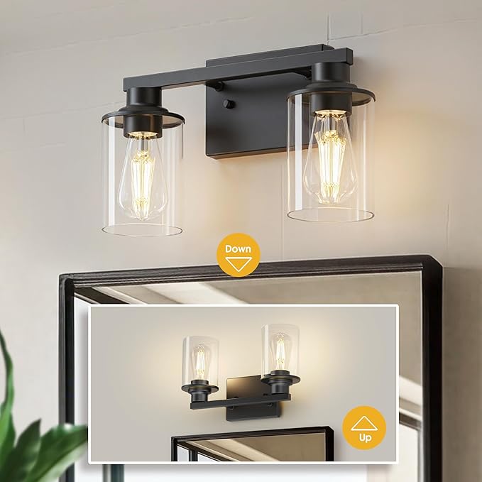 L LOHAS LED 2-Light Bathroom Light Fixtures, Black Vanity Light with Clear Glass Shade, Vanity Lights for Bathroom, Black, ETL Listed