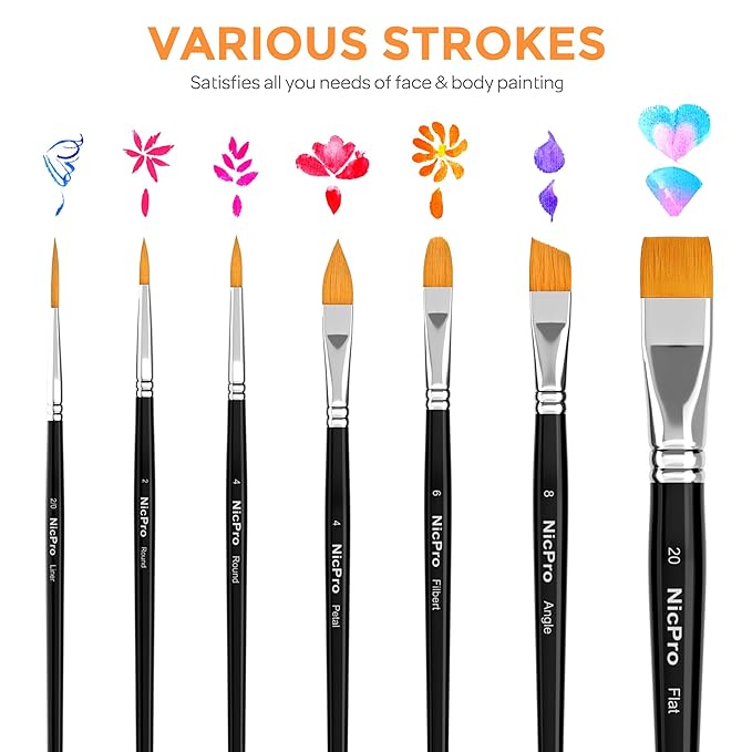 Nicpro Face Paint Brush Set, 7PCS Professional Face & Body Painting Brushes with Black Handles, Synthetic Nylon Hair, Makeup Paintbrush Kit for Halloween Cosplay, Acrylic Watercolor Gouache
