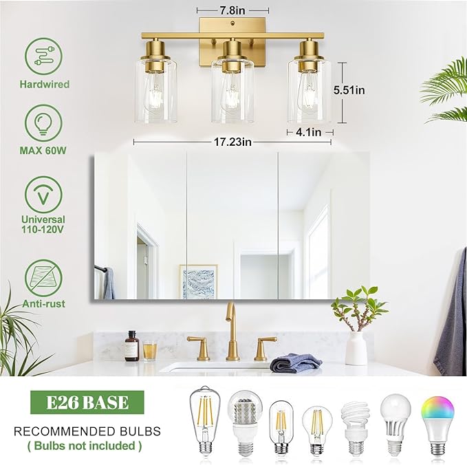MOKATNG 3-Light Bathroom Light Fixtures, Vanity Light with Clear Glass Shades, Brushed Gold Bathroom Light Fixtures Over Mirror, Modern Bathroom Wall Lamp for Mirror Living Room Cabinet Bedroom
