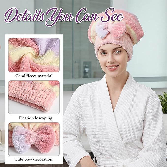 2 Pcs Ultra Absorbent Microfiber Hair Towel Wrap, Bow Tie Design Hair Drying Caps Quick Dry Hair Towel for Women Girls Long Curly Hair (Gradient)