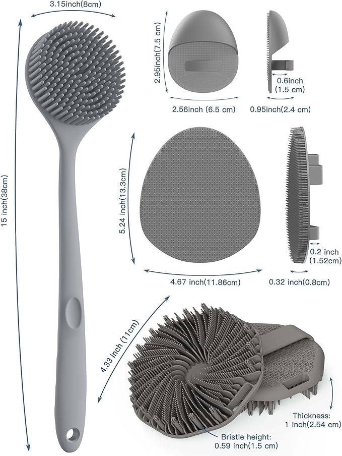 Manmihealth Silicone Back Scrubber & Soft Bath Glove Set 4 PCS(Thick Bristles), Super-Exfoliating Body Scrubber & Super-Lathering Shower Brush Combination, with 2 Adhesive Hook(Gray)