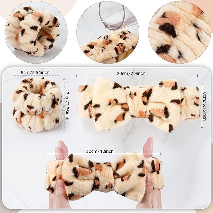 Hanaive 3 Pcs Spa Headband and Wristbands Set for Washing Face Makeup Skincare Hair Band Skin Care Accessories Tools for Women Gifts(Leopard)