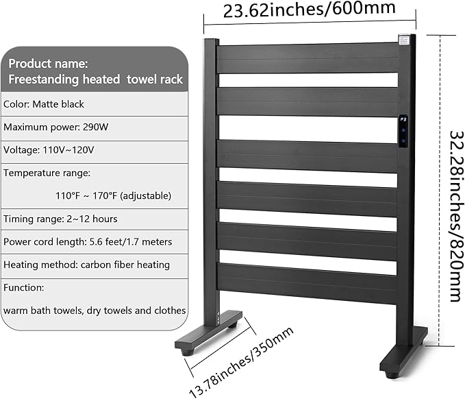 Heated Towel Racks for Bathroom, Towel Warmer Rack, 6-Bar, Upgraded Extra-Wide Heating Area, Built-in Timer and Temperature Adjustment, Large Free-Standing Heated Towel Rack，Matte Black