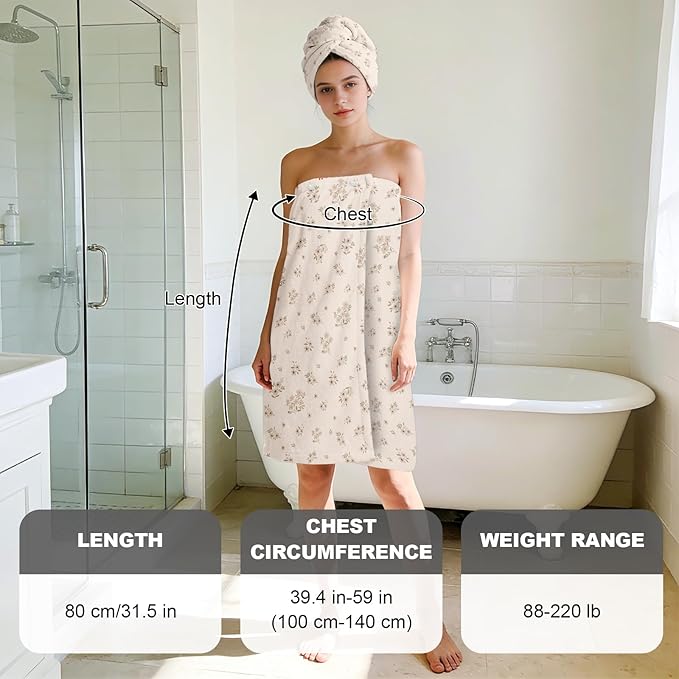 Absorbent Bath Towel Wrap Set for Women, Small Flower Print Towel Wrap After Shower, Microfiber Shower Robe Body Towel Wraps for Women, Quick Dry Hair Towels Wraps for Spa Hotel Beach Girl Teen