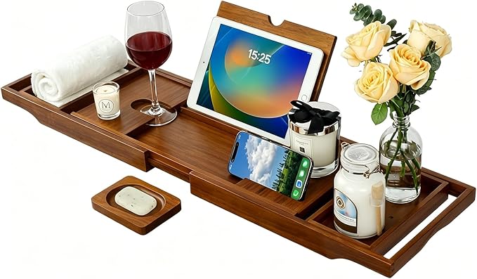 Kiasthome Teak Bathtub Caddy, Expandable Bath Tray, Non‑Slip Luxury Tub Caddy with Wine Phone Tablet Holder, Wooden Bath Accessory for Home Spa and Gift