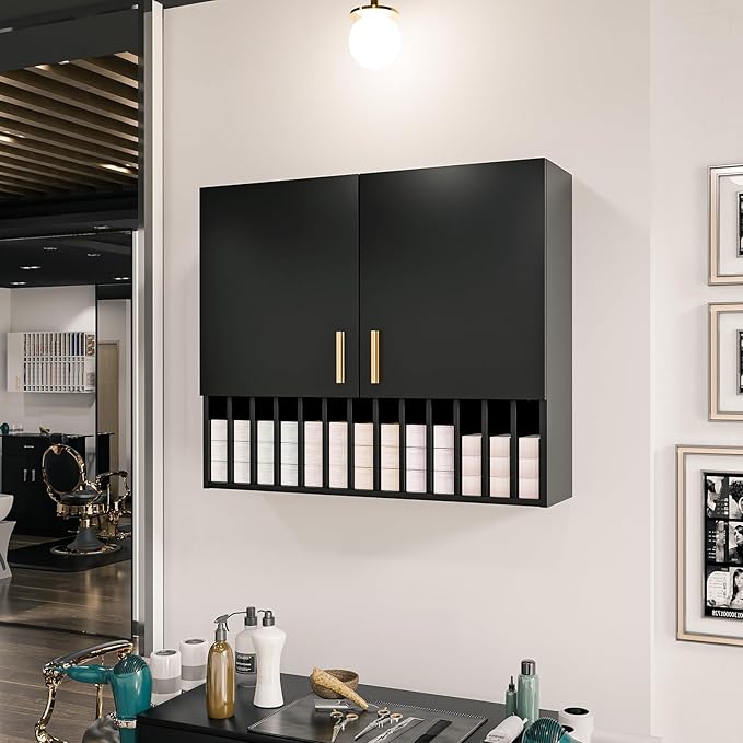 OmySalon Hair Color Organizer Rack, Salon Hair Color Tube Storage Cabinet with Adjustable Shelves, Wall Mounted Salon Barber Station for Barbershop Beauty Spa, Black