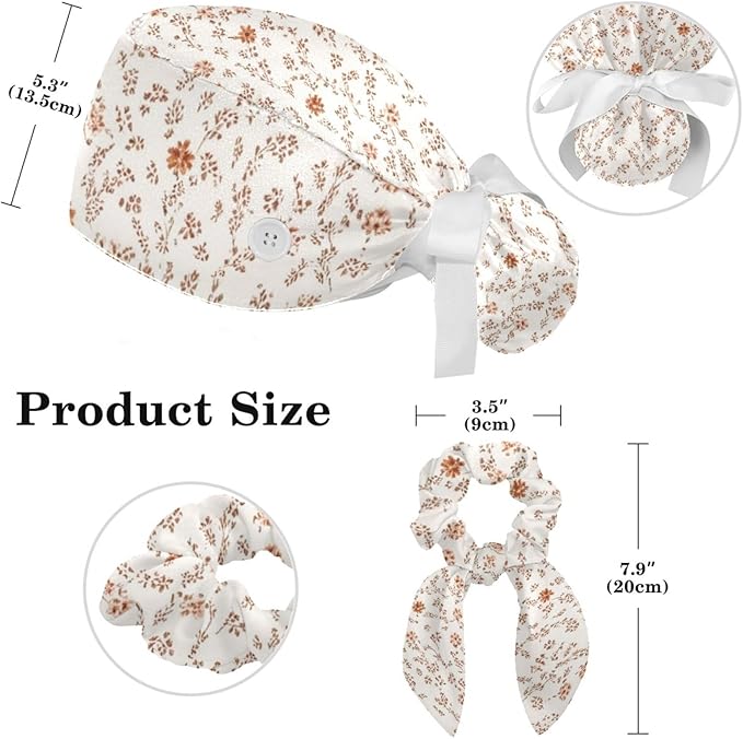 Scrub Caps Women Nursing Hats Floral Flowers with Buttons Ponytail Working Adjustable Pouch Tie Back