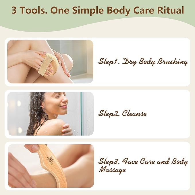 Dry Body Brush Set for Lymphatic Drainage, Round Boar Bristle Dry Brushing Body Brush with Strap, Wood Therapy Kit with Wooden Acupressure Massage Tools for Face Body Gua Sha Sculpting