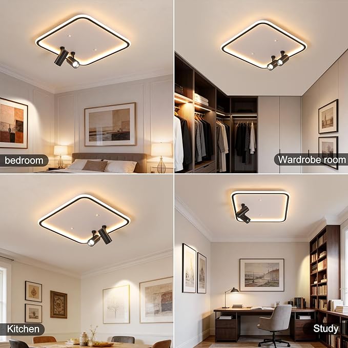 Shine LUEST Modern Square LED Flush Mount Ceiling Light Fixture, 2 Adjustable Spotlights, Black Frame White Shade Minimalist Lighting for Living Room Bedroom Kitchen