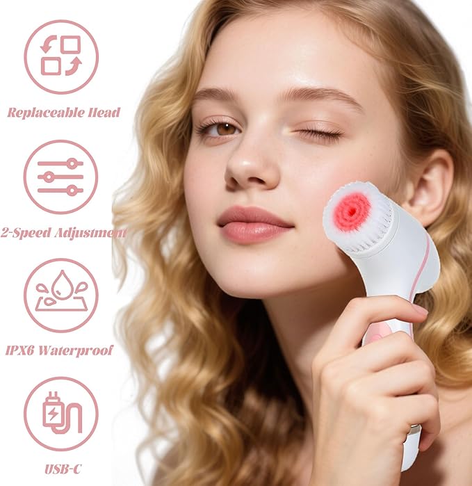 Facial Cleansing Brush, 3in1 Silicone Face Scrubber, Waterproof Facial Scrubber for Deep Cleansing, Rechargeable Face Exfoliation Brush with 2 Adjustable Speeds, Face Spin Brush for Women Men (Pink)