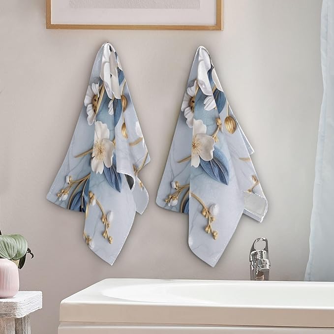 Vintage 3D Floral Hand Towels for Bathroom Set of 2,Decorative White Blue Golden Blossom Flower Branch Bathroom Towels for Bath,Face,Hair,Soft Absorbent Dish Towels for Kitchen Decor 28"x14"