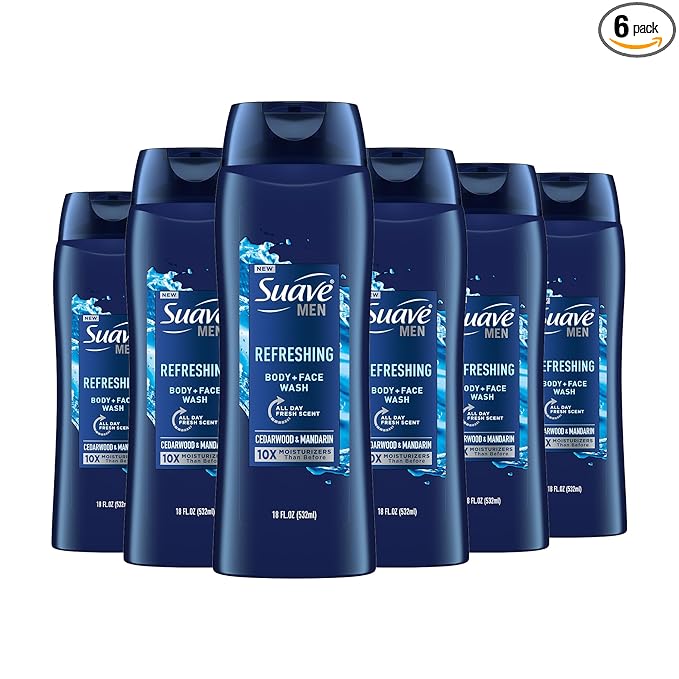 Suave Men Moisturizing Body & Face Wash, With Cedarwood and Mandarin Scent, No Parabens, No Phtahaltes, 18 Oz Pack of 6