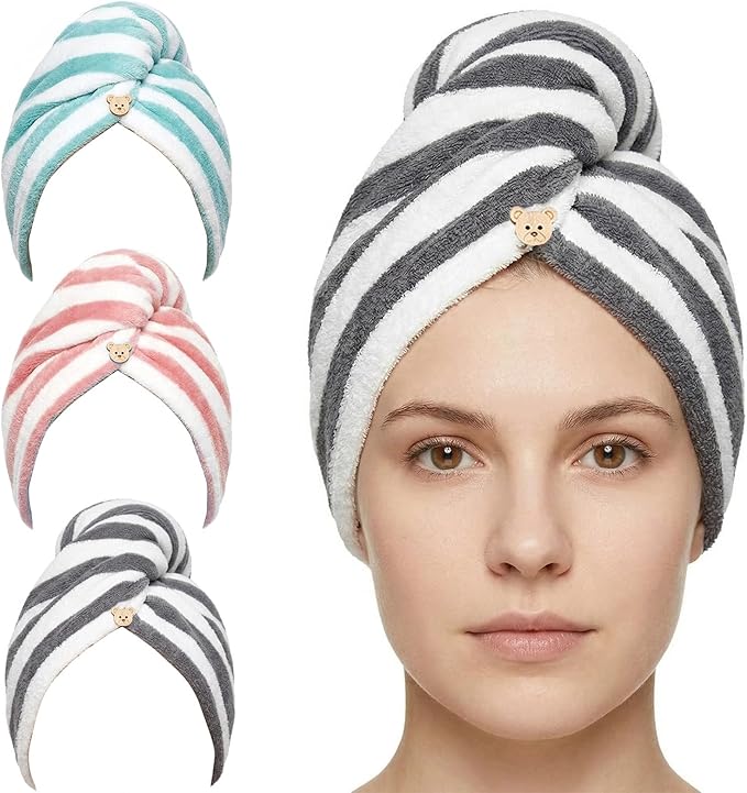 3 Pack Microfiber Hair Towel Wrap for Women, Fast Drying Hair Turban with Button, Anti-Frizz Large Hair Towel for All Hair Styles, Soft & Absorbent Hair Drying Towel