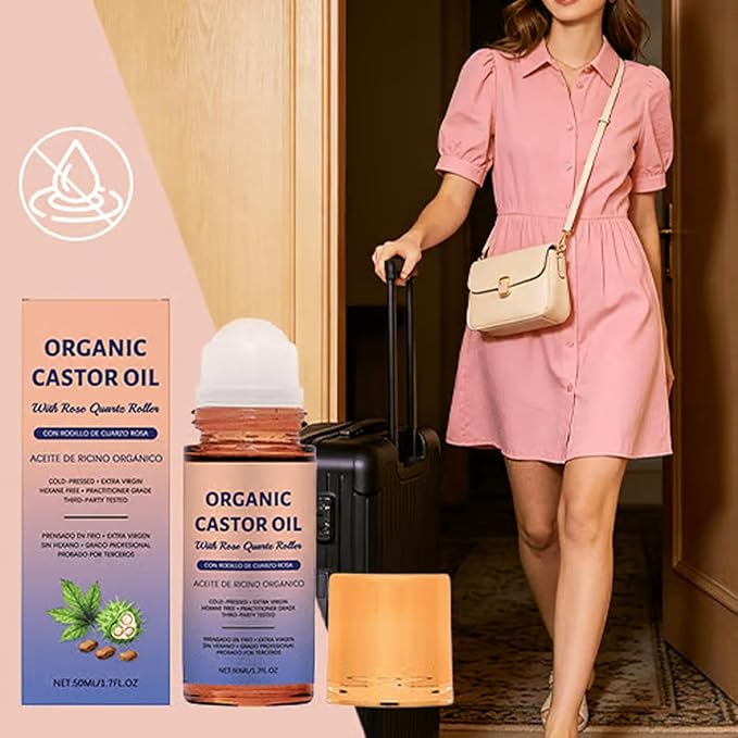 Organic Golden Castor Oil Roll-On with Rose Quartz, Jade Massage Board, Relax Anytime, Anywhere, for Brows, Lashes, Dry Skin & Face, Travel Friendly Leakproof Roller Bottle (1)