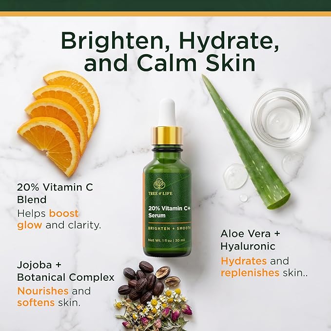 Tree of Life 20% Vitamin C+ Serum For Face with Vitamin E - Brightening & Hydrating Face Serum for Dark Spots, Fine Lines & Anti Aging - Dermatologist Tested, 1 Fl Oz - Mothers Day Gifts